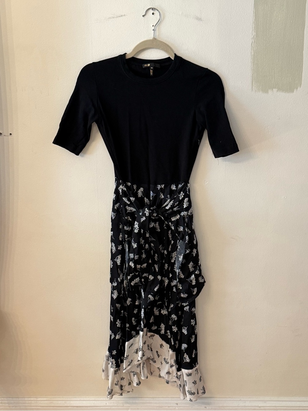 Maje Black & White Floral Tie-Waist High-Low Dress